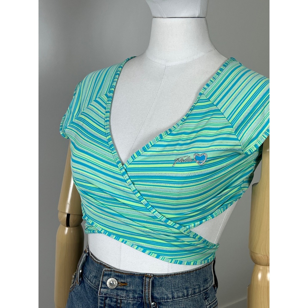 Vintage FUBU The Collection Y2K Striped Metallic Wrap Crop Top Turquoise Green M